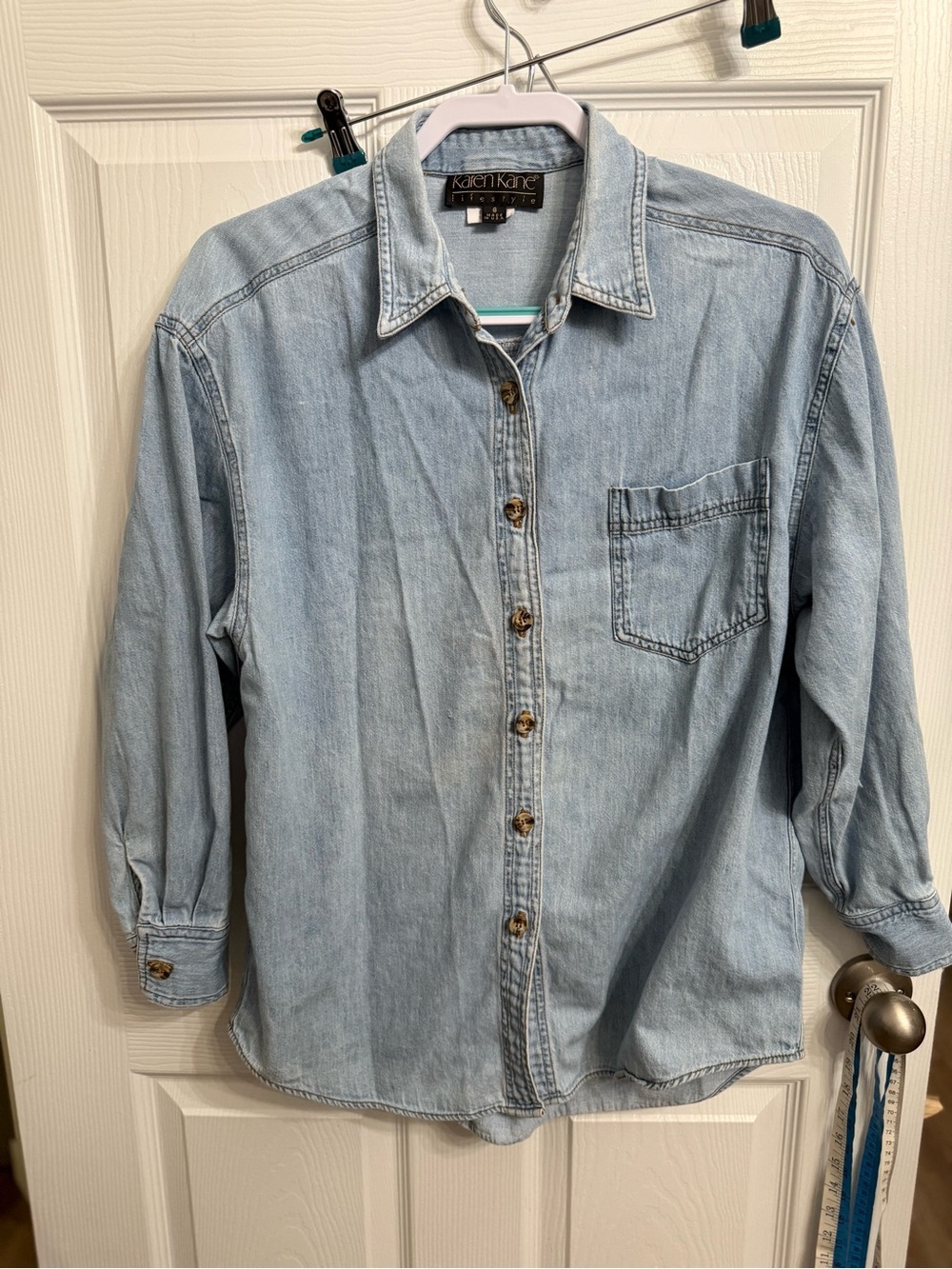 Karen Kane Chambray Button Front Shirt USA Made Light Wash Denim Top Size 6